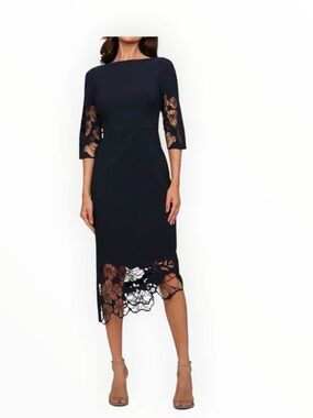 Kay Unger Navy Floral Lace Midi Dress